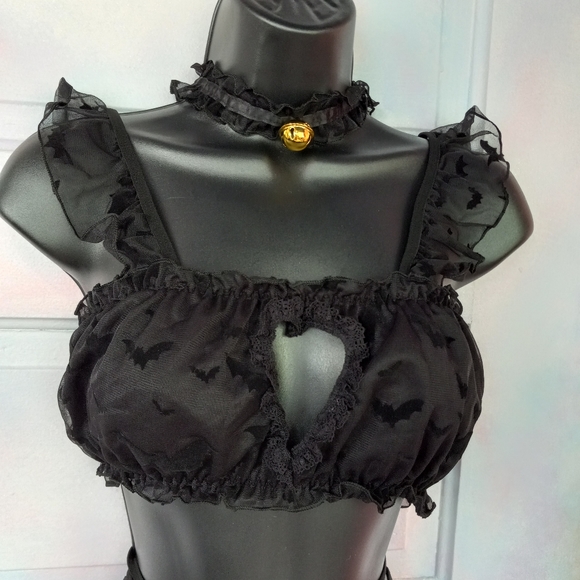Frilly sexy bat print accent 6 piece gothic lingerie set! Lacy mesh boutique bat - Picture 2 of 16